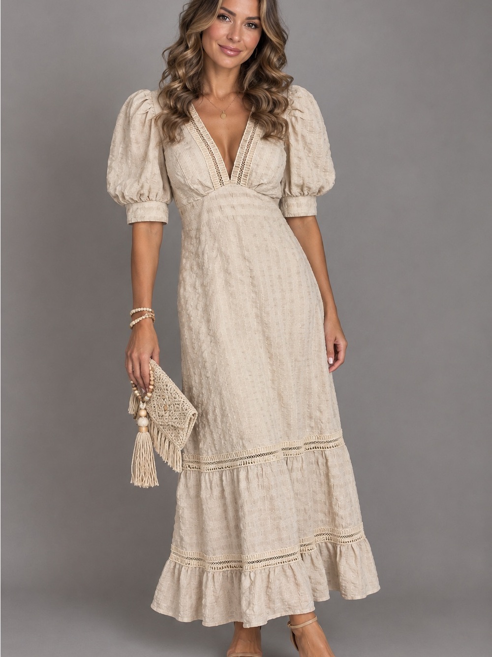 Elegant Cream Maxi Dress with Puff Sleeves By Studio F NWOT